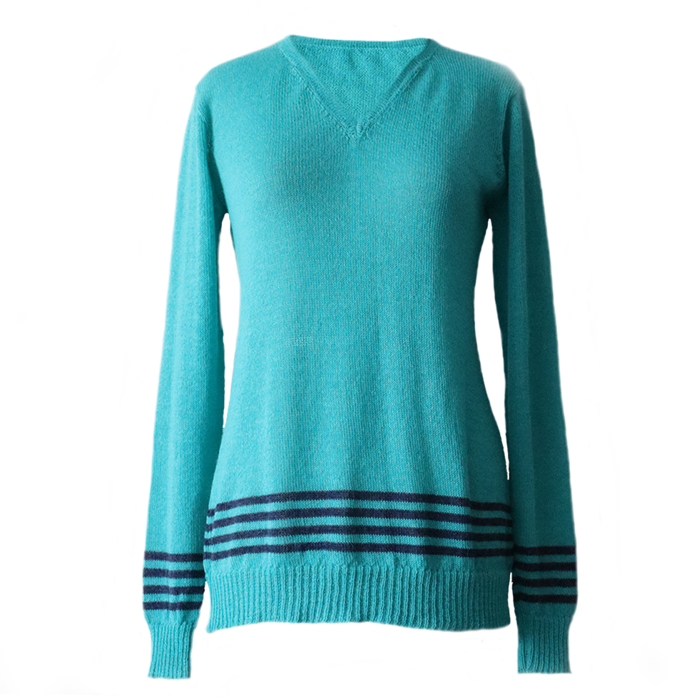Women's sweater, with V-neck and contrasting stripes at the bottom edge. Made in Peru by PFL knitwear Women's sweater, with V-neck and contrasting stripes at the bottom edge. Made in Peru by PFL knitwear