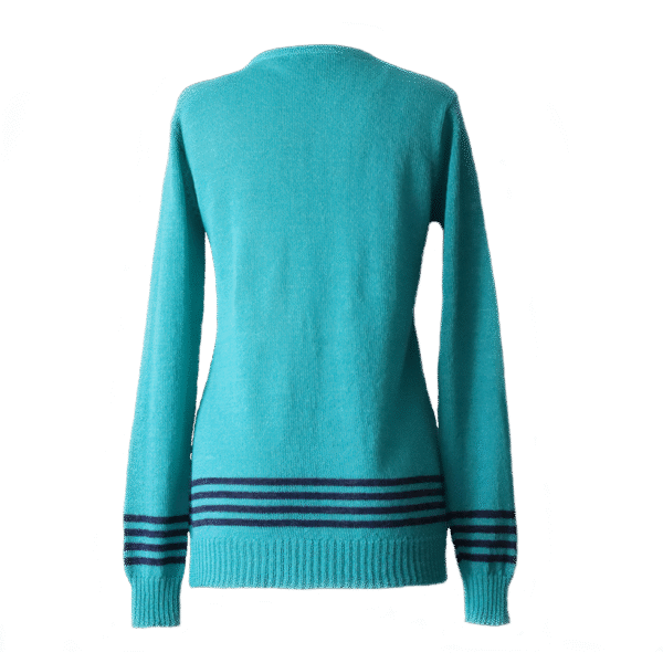 Women's sweater, with V-neck and contrasting stripes at the bottom edge. Made in Peru by PFL knitwear