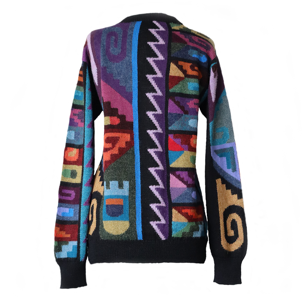 Unisex Alpaca Sweater Intarsia knitted with Graphic Design, multicolor Made in Peru by PFL knitwear Unisex Alpaca Sweater Intarsia knitted with Graphic Design, multicolor Made in Peru by PFL knitwear