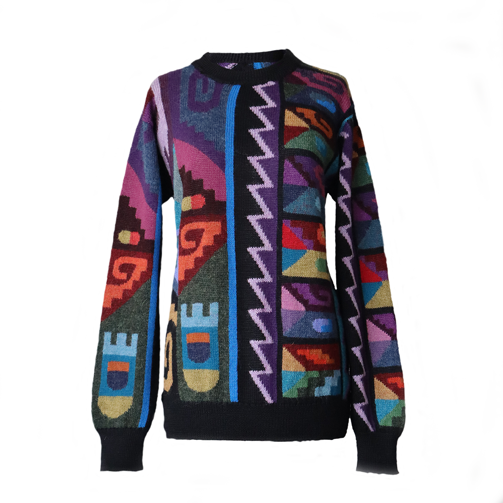 Unisex Alpaca Sweater Intarsia knitted with Graphic Design, multicolor Made in Peru by PFL knitwear Unisex Alpaca Sweater Intarsia knitted with Graphic Design, multicolor Made in Peru by PFL knitwear