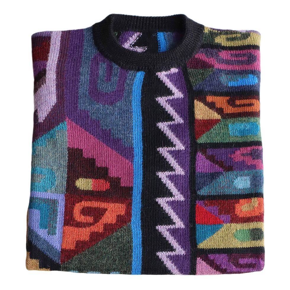 Unisex Alpaca Sweater Intarsia knitted with Graphic Design, multicolor Made in Peru by PFL knitwear Unisex Alpaca Sweater Intarsia knitted with Graphic Design, multicolor Made in Peru by PFL knitwear