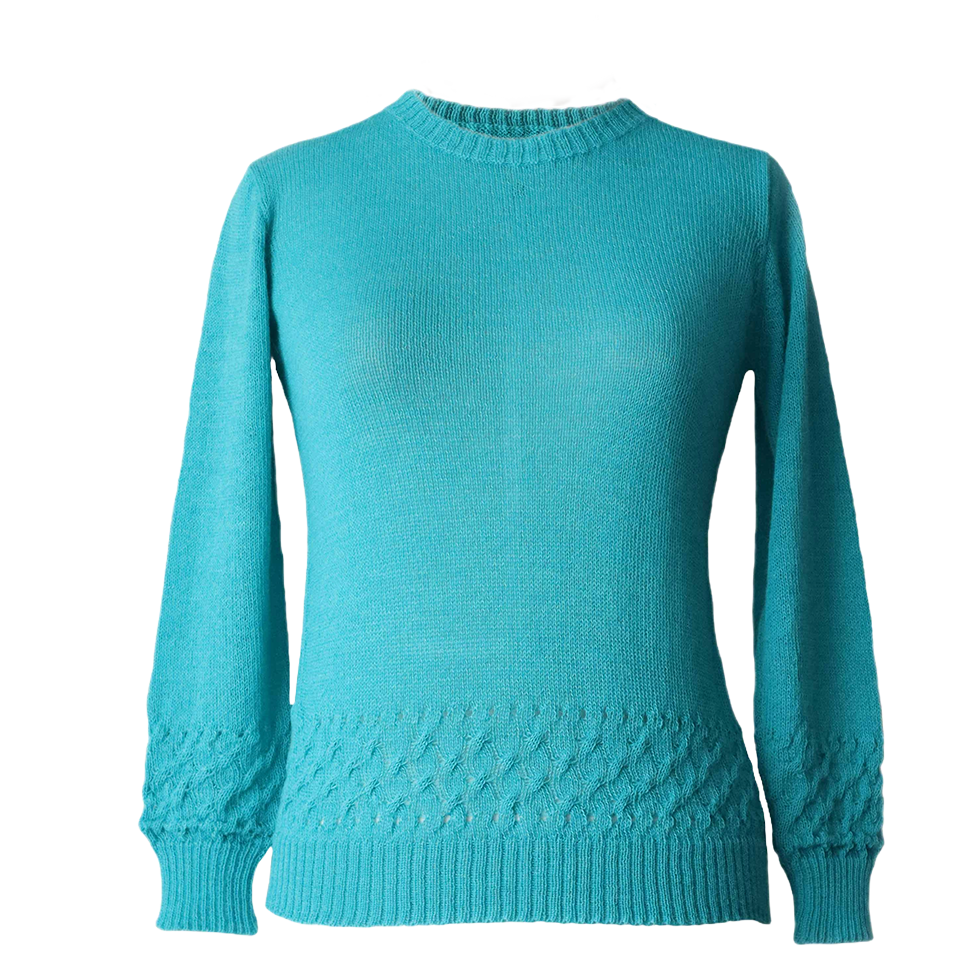 Women's sweater, with crew neck and cable details at the bottom edge. Made In Peru by PFL knitwear Women's sweater, with crew neck and cable details at the bottom edge. Made In Peru by PFL knitwear