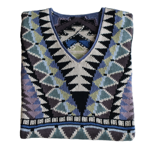 Women's Cotton Sweater | Hand-Knitted Pullover | Multicolor Intarsia Graphic Design. Made in Peru by PFL knitwear