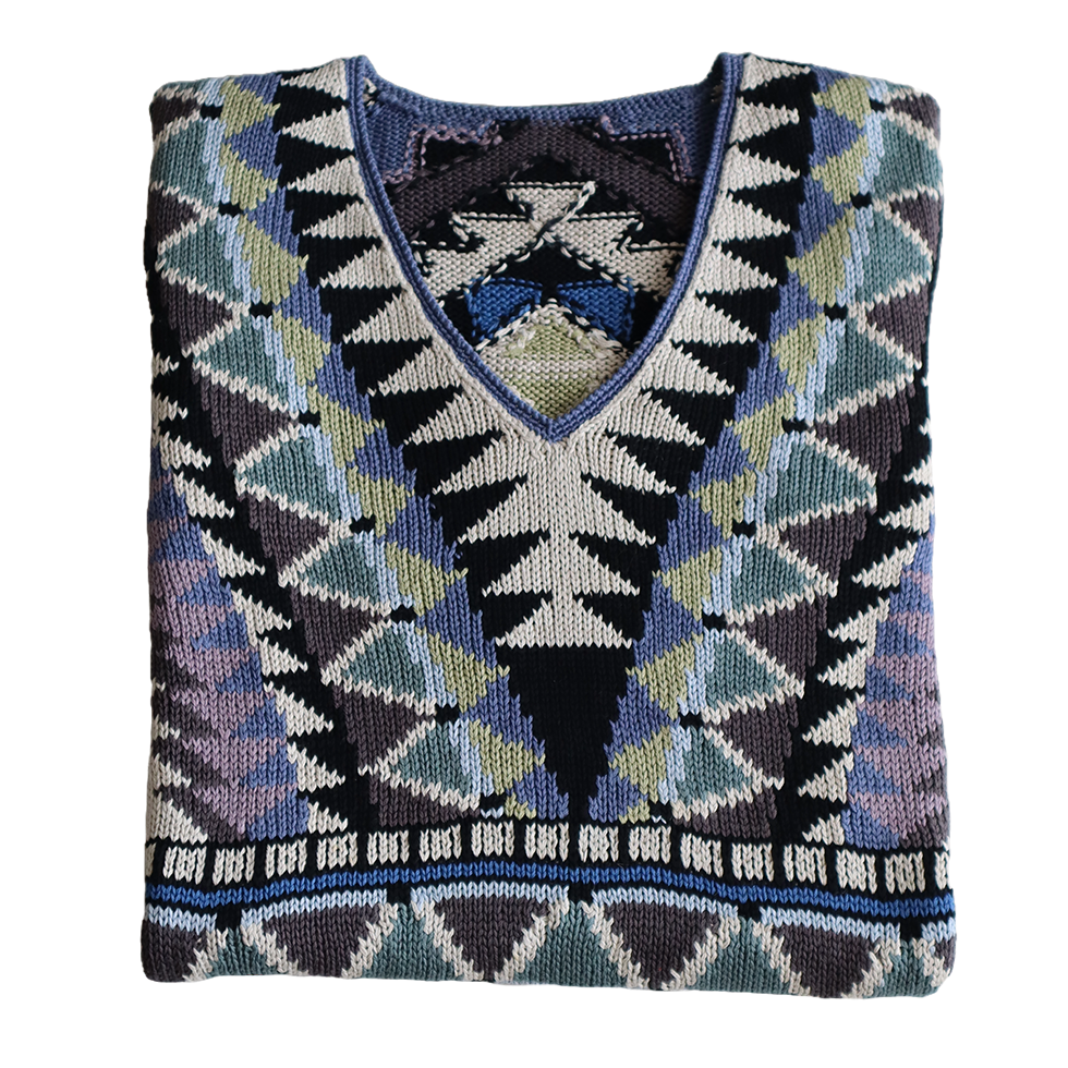 Women's Cotton Sweater | Hand-Knitted Pullover | Multicolor Intarsia Graphic Design. Made in Peru by PFL knitwear Women's Cotton Sweater | Hand-Knitted Pullover | Multicolor Intarsia Graphic Design. Made in Peru by PFL knitwear