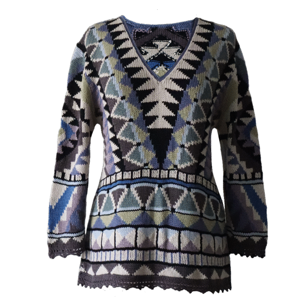 Women's Cotton Sweater | Hand-Knitted Pullover | Multicolor Intarsia Graphic Design. Made in Peru by PFL knitwear
