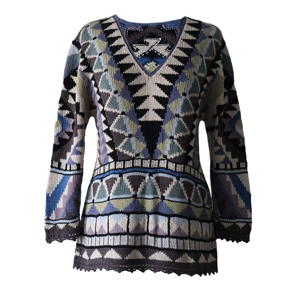 Women's Cotton Sweater | Hand-Knitted Pullover | Multicolor Intarsia Graphic Design. Made in Peru by PFL knitwear Women's Cotton Sweater | Hand-Knitted Pullover | Multicolor Intarsia Graphic Design. Made in Peru by PFL knitwear