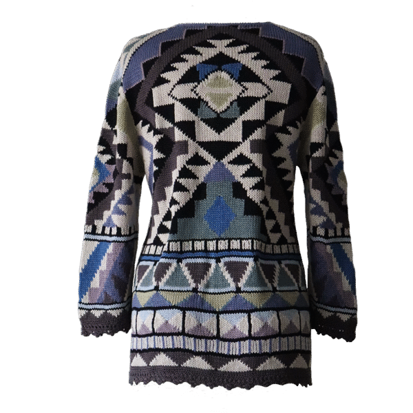 Women's Cotton Sweater | Hand-Knitted Pullover | Multicolor Intarsia Graphic Design. Made in Peru by PFL knitwear