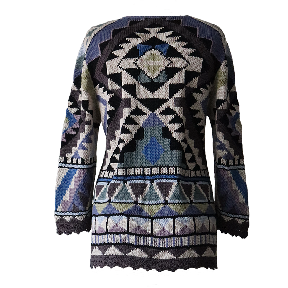 Women's Cotton Sweater | Hand-Knitted Pullover | Multicolor Intarsia Graphic Design. Made in Peru by PFL knitwear Women's Cotton Sweater | Hand-Knitted Pullover | Multicolor Intarsia Graphic Design. Made in Peru by PFL knitwear