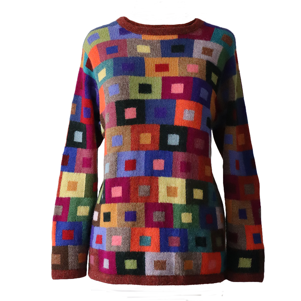 Women's sweater intarsia hand knitted, 100% alpaca multi color Made in Peru by PFL knitwear Women's sweater intarsia hand knitted, 100% alpaca multi color Made in Peru by PFL knitwear