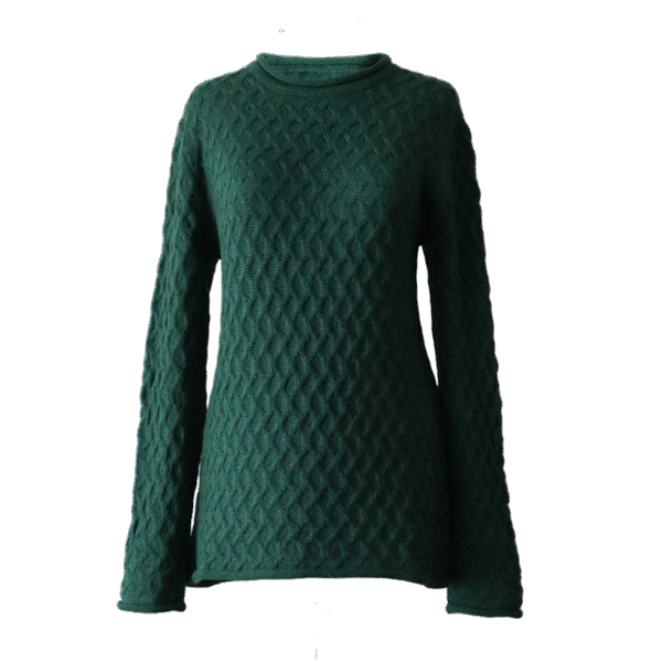 Women's sweater with all over cable pattern and roll edges. Made in Peru by PFL knitwear