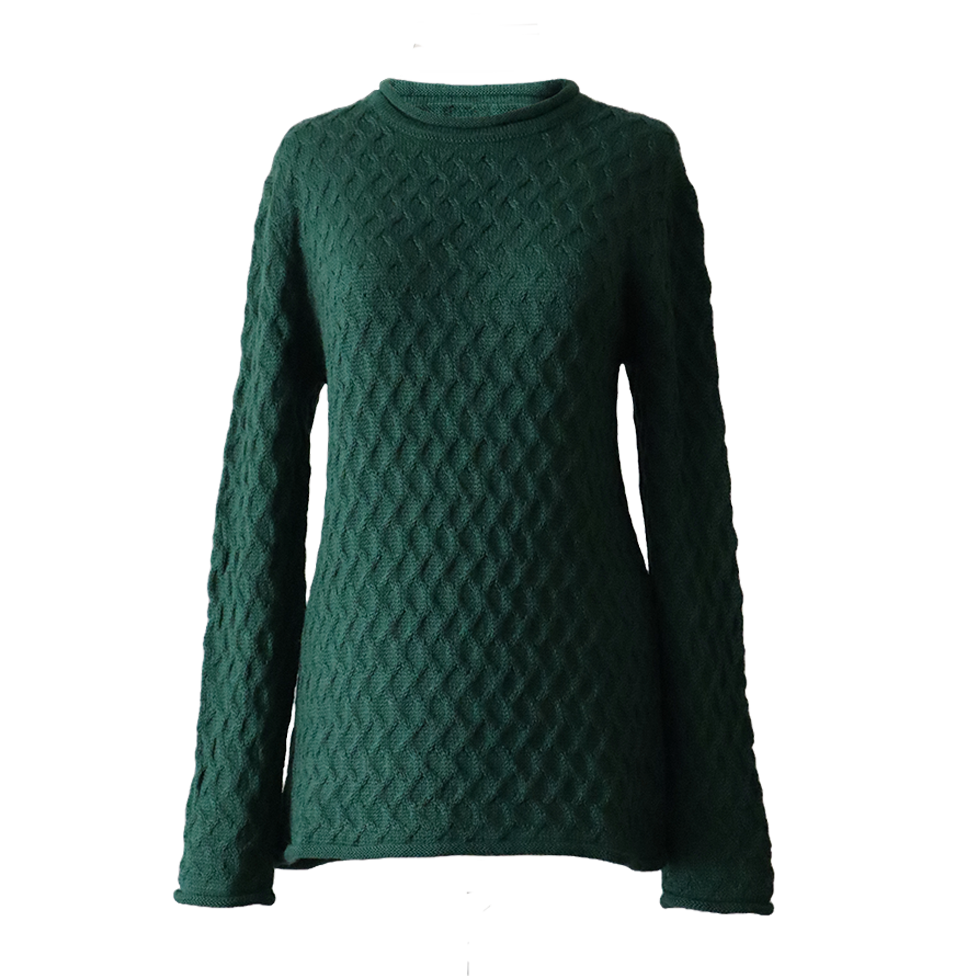 Women's sweater with all over cable pattern and roll edges. Made in Peru by PFL knitwear Women's sweater with all over cable pattern and roll edges. Made in Peru by PFL knitwear