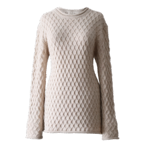 Women's sweater with all over cable pattern and roll edges. Made in Peru by PFL knitwear
