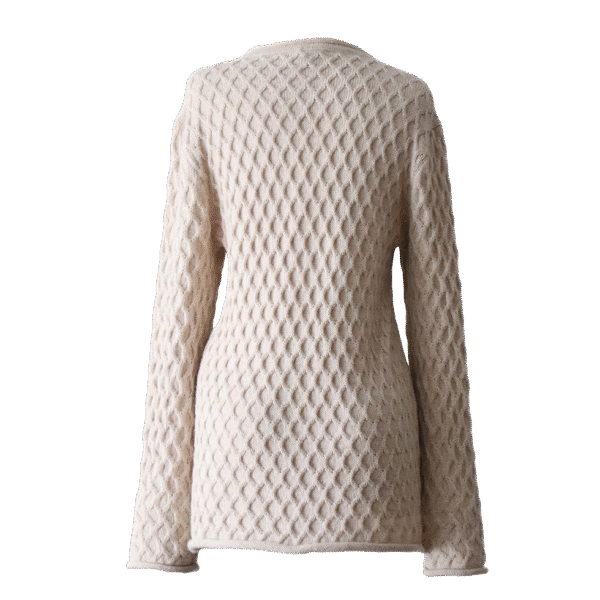 Women's sweater with all over cable pattern and roll edges. Made in Peru by PFL knitwear
