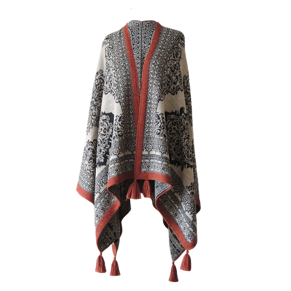 Ruana, wrap reversible, baby alpaca, jacquard knitted pattern, with tassels. Mde in Peru by PFL knitwear Ruana, wrap reversible, baby alpaca, jacquard knitted pattern, with tassels. Mde in Peru by PFL knitwear