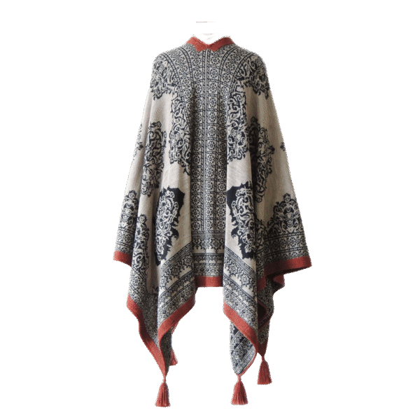 Ruana, wrap reversible, baby alpaca, jacquard knitted pattern, with tassels. Mde in Peru by PFL knitwear