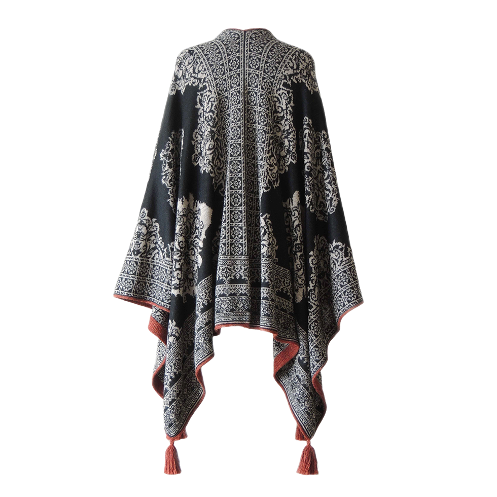 Ruana, wrap reversible, baby alpaca, jacquard knitted pattern, with tassels. Mde in Peru by PFL knitwear Ruana, wrap reversible, baby alpaca, jacquard knitted pattern, with tassels. Mde in Peru by PFL knitwear