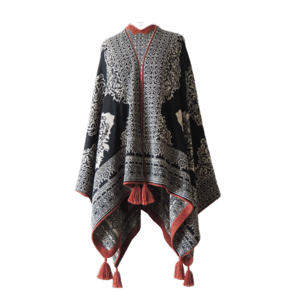 Ruana, wrap reversible, baby alpaca, jacquard knitted pattern, with tassels. Mde in Peru by PFL knitwear
