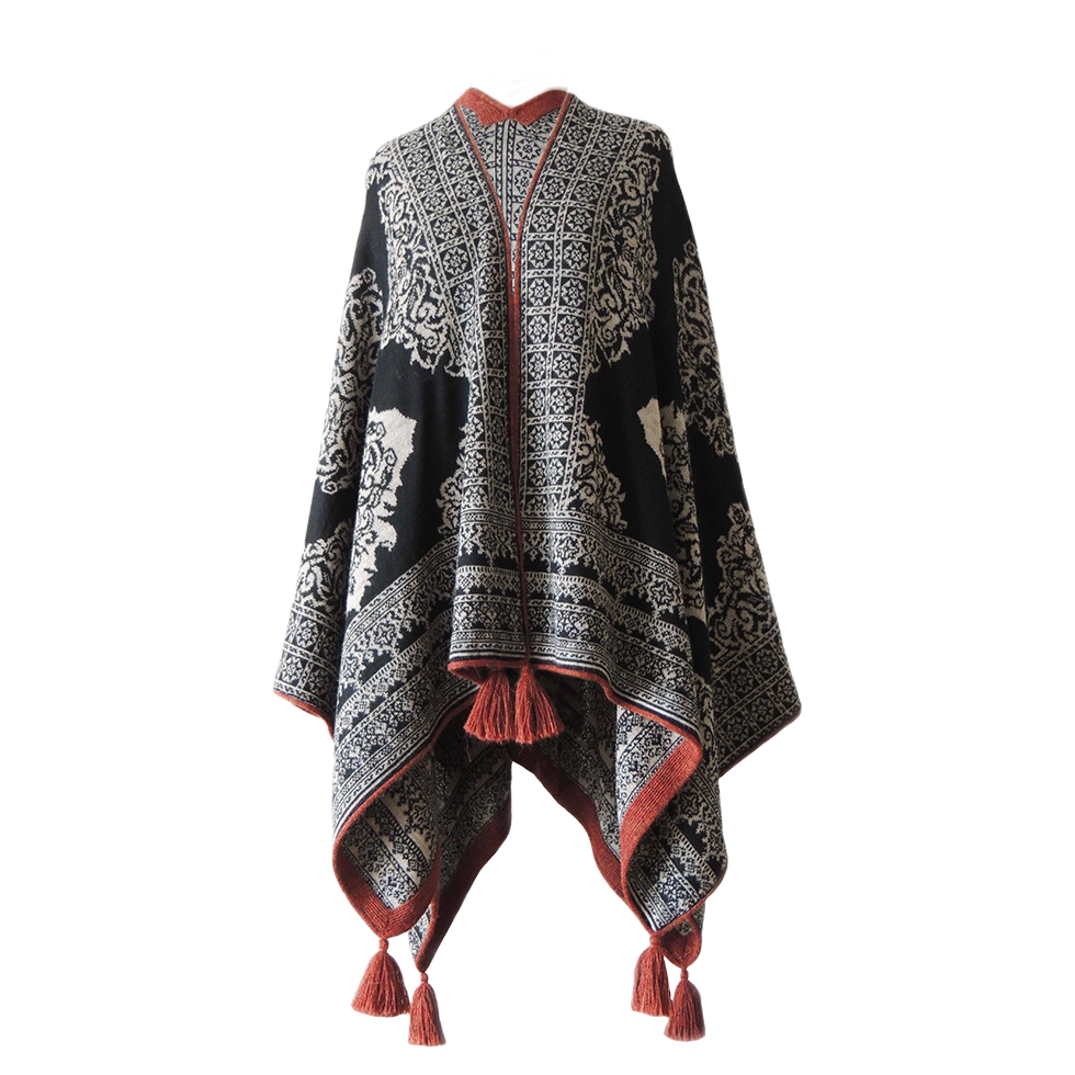 Ruana, wrap reversible, baby alpaca, jacquard knitted pattern, with tassels. Mde in Peru by PFL knitwear Ruana, wrap reversible, baby alpaca, jacquard knitted pattern, with tassels. Mde in Peru by PFL knitwear