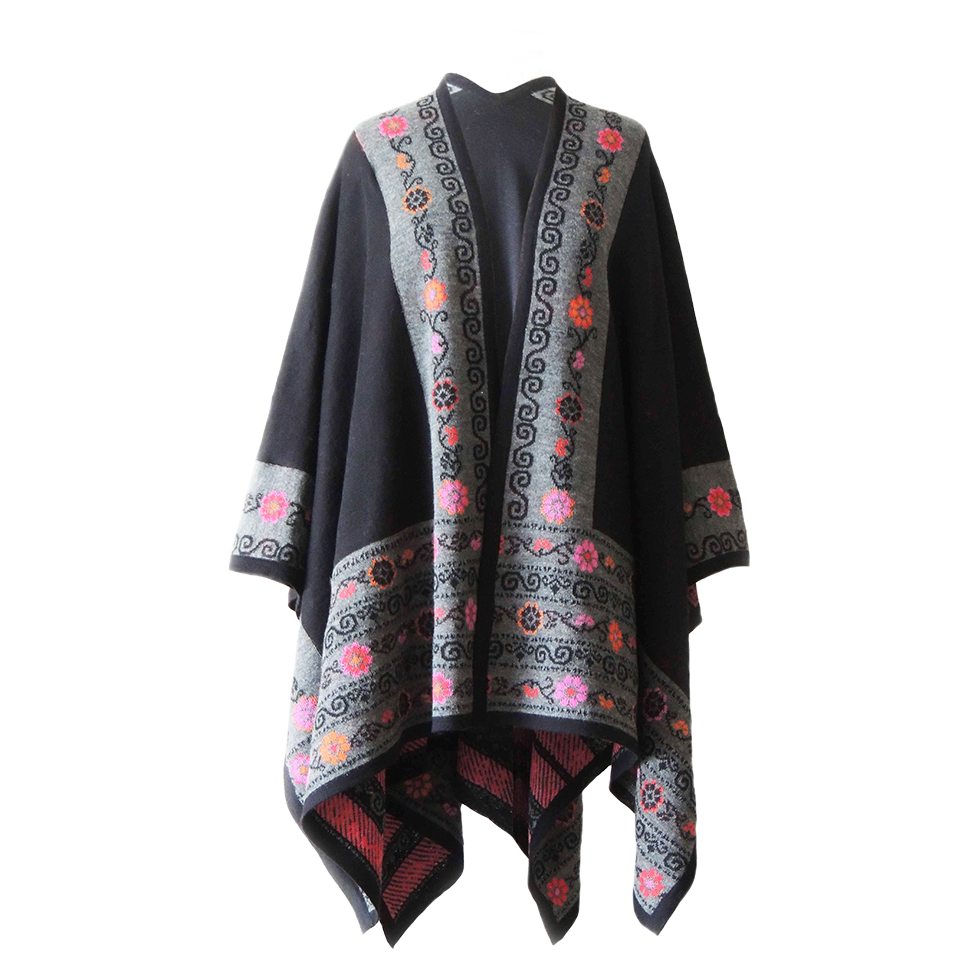 Ruana, wrap, baby alpaca, jacquard knitted with embroidered floral pattern. Made in Peru by PFL knitwear Ruana, wrap, baby alpaca, jacquard knitted with embroidered floral pattern. Made in Peru by PFL knitwear