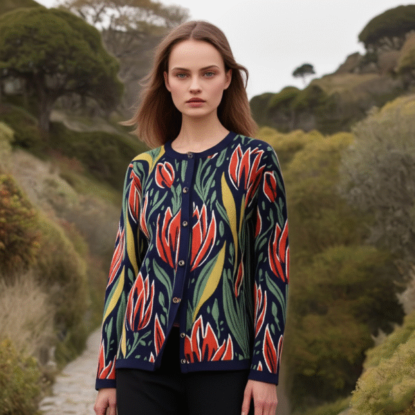Women's alpaca cardigan with flower pattern, intarsia knitted. Made in Peru by PFL knitwear