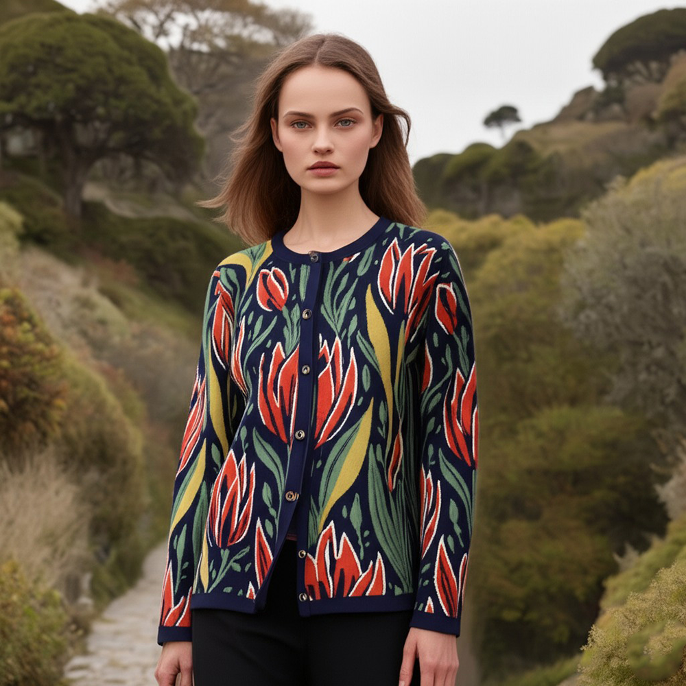 Women's alpaca cardigan with flower pattern, intarsia knitted. Made in Peru by PFL knitwear