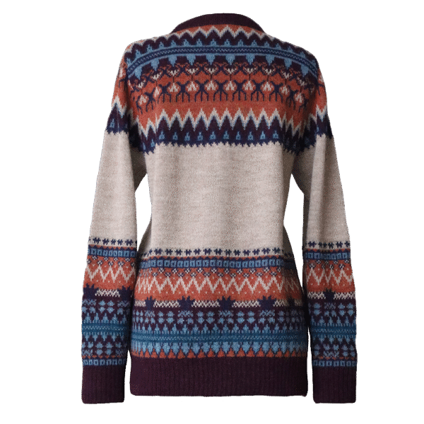 Women's alpaca cardigan with classic Norwegian pattern, jacquard knitted. Made in Peru by PFL knitwear