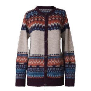 Women's alpaca cardigan with classic Norwegian pattern, jacquard knitted. Made in Peru by PFL knitwear