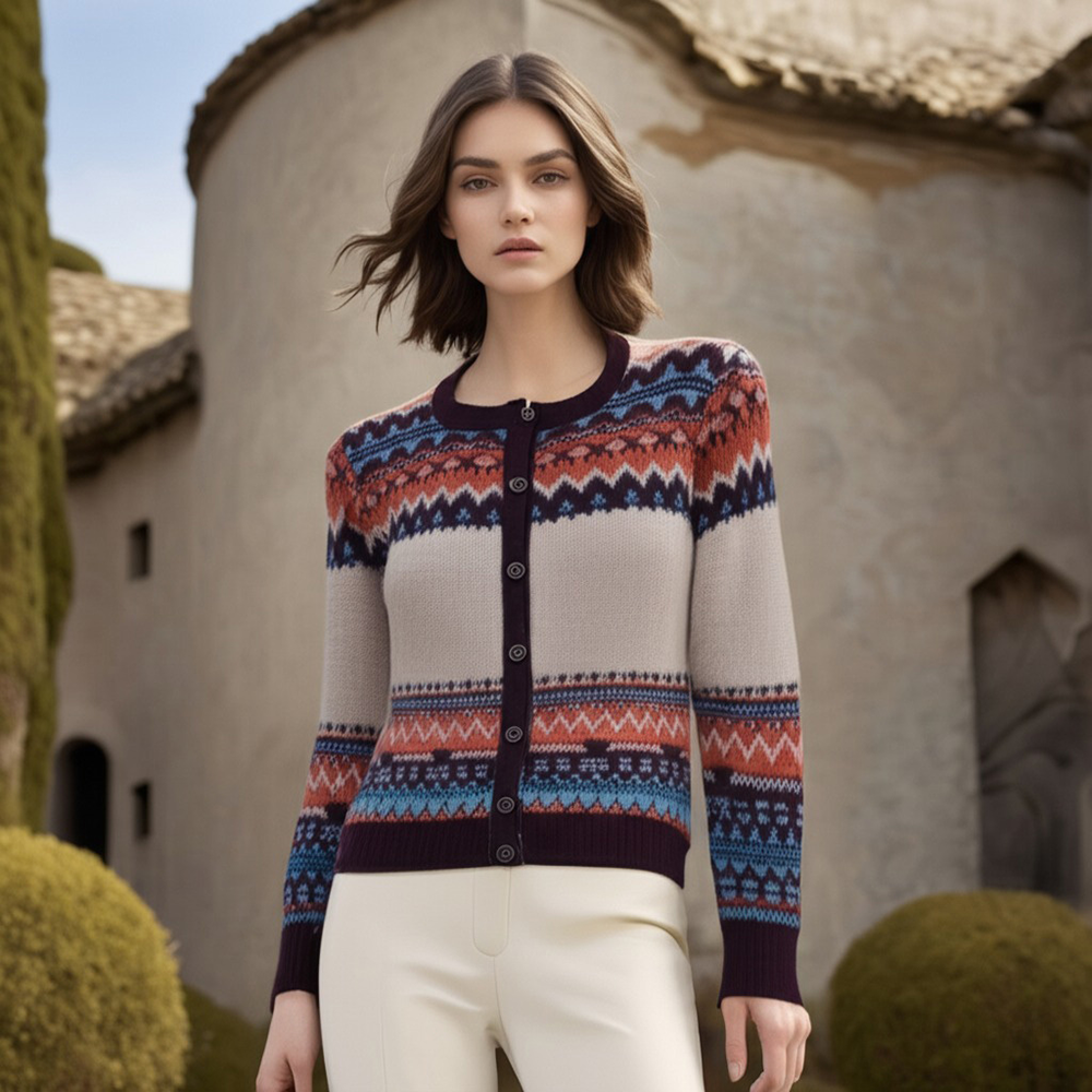 Women's alpaca cardigan with classic Norwegian pattern, jacquard knitted. Made in Peru by PFL knitwear