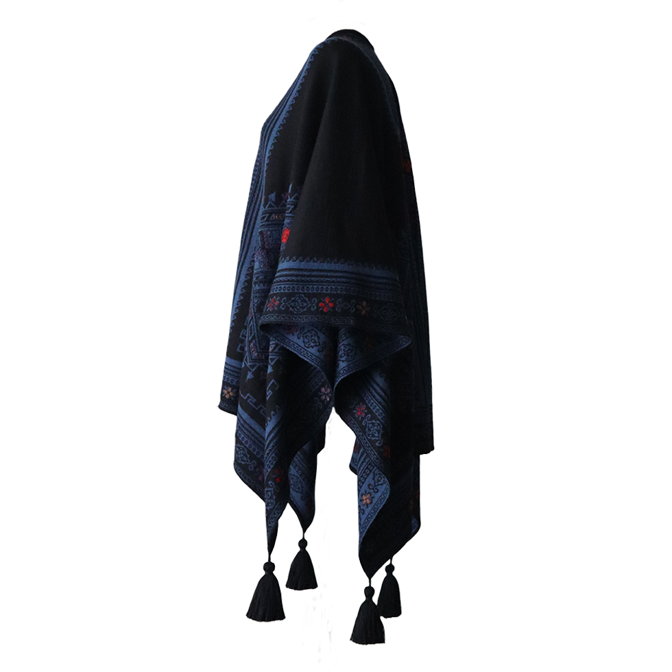 Ruana, wrap reversible, alpaca blend, jacquard knitted pattern, with tassels. Made in Peru by PFL knitwear Ruana, wrap reversible, alpaca blend, jacquard knitted pattern, with tassels. Made in Peru by PFL knitwear