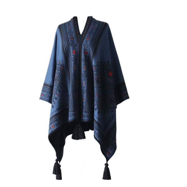 Ruana, wrap reversible, alpaca blend, jacquard knitted pattern, with tassels. Made in Peru by PFL knitwear