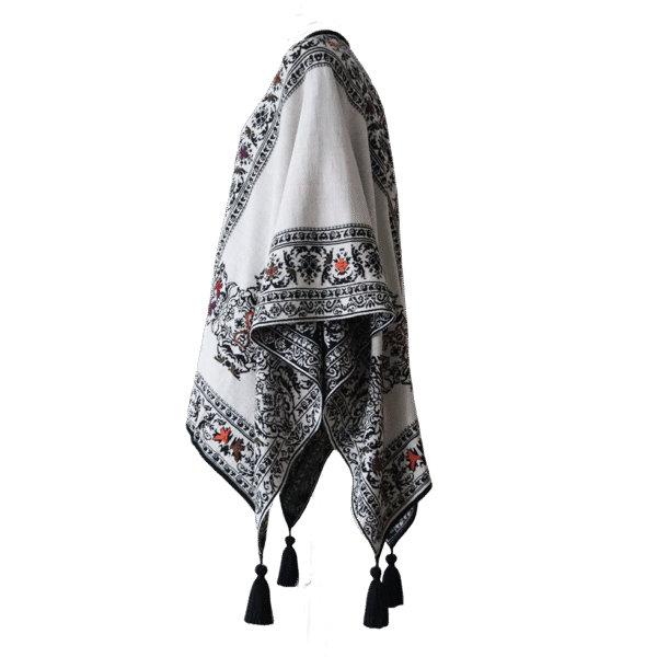 Ruana, wrap reversible, alpaca blend, jacquard knitted pattern, with tassels. Made in Peru by PFL knitwear