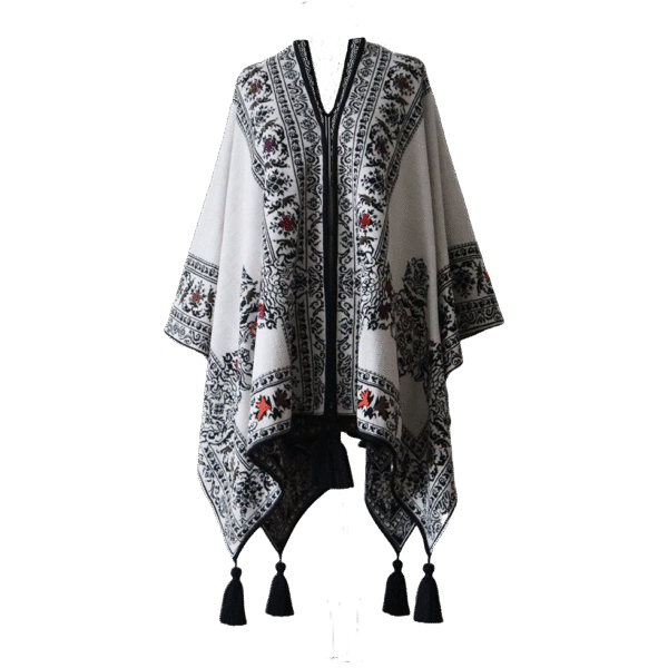 Ruana, wrap reversible, alpaca blend, jacquard knitted pattern, with tassels. Made in Peru by PFL knitwear