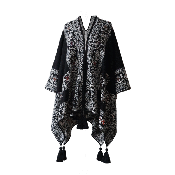 Ruana, wrap reversible, alpaca blend, jacquard knitted pattern, with tassels. Made in Peru by PFL knitwear