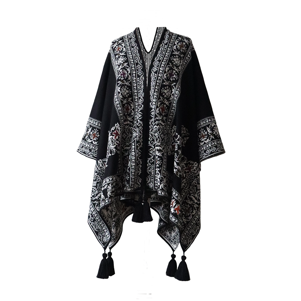 Ruana, wrap reversible, alpaca blend, jacquard knitted pattern, with tassels. Made in Peru by PFL knitwear Ruana, wrap reversible, alpaca blend, jacquard knitted pattern, with tassels. Made in Peru by PFL knitwear