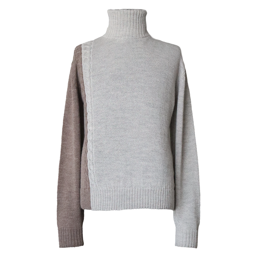 Men's baby alpaca sweater 2 color design with cable detail. Made in Peru by PFL knitwear Men's baby alpaca sweater 2 color design with cable detail. Made in Peru by PFL knitwear