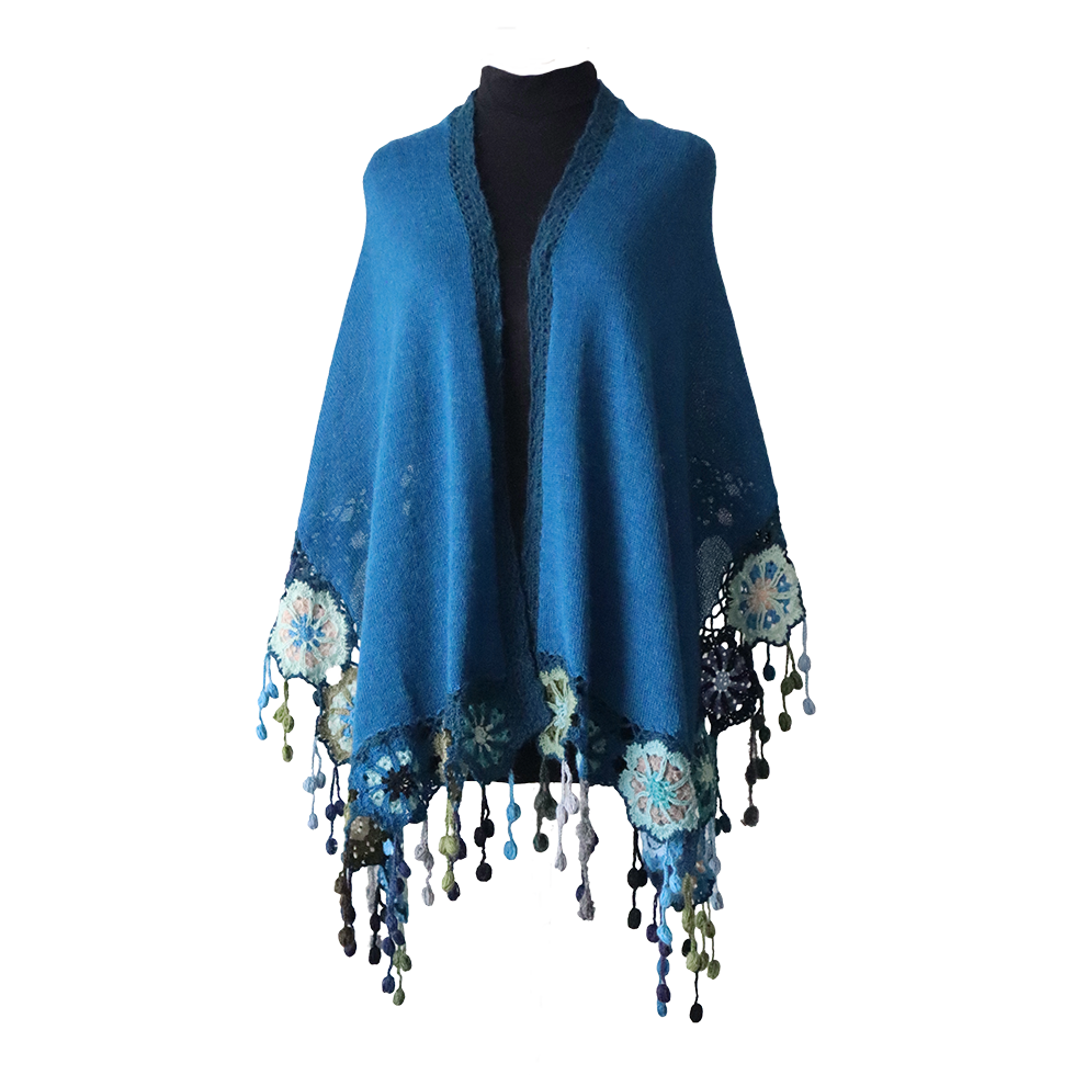 Women's shawl, 100% alpaca color blue with crocheted matching flower edge. Made in Peru by PFL knitwear B2B wholesale Women's shawl, 100% alpaca color blue with crocheted matching flower edge. Made in Peru by PFL knitwear B2B wholesale