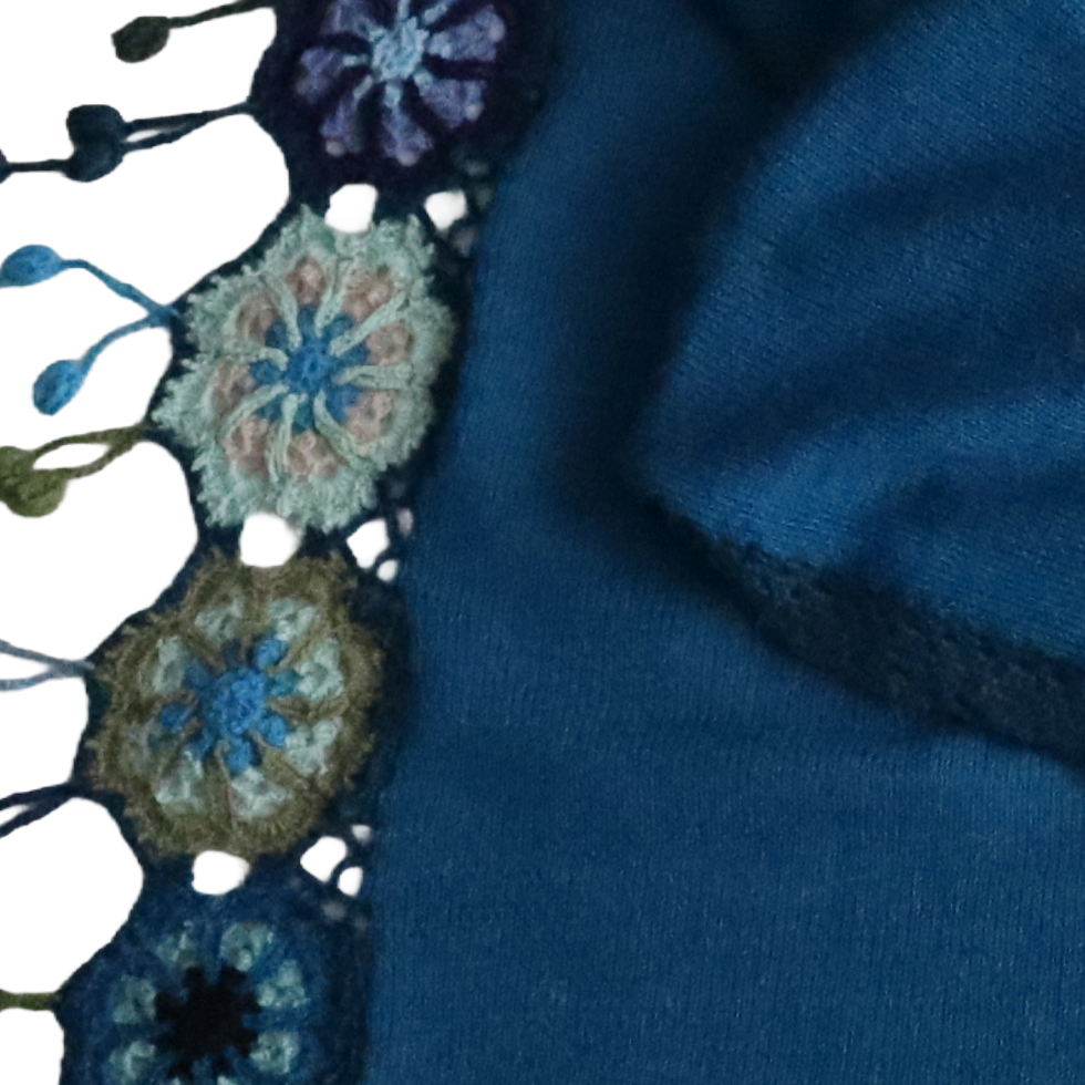 Women's shawl, 100% alpaca color blue with crocheted matching flower edge. Made in Peru by PFL knitwear B2B wholesale Women's shawl, 100% alpaca color blue with crocheted matching flower edge. Made in Peru by PFL knitwear B2B wholesale