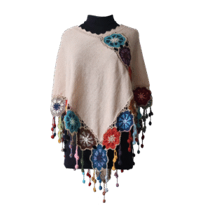 Women's poncho- cape, 100% alpaca color blue with crocheted matching flower edge. Made in Peru by PFL knitwear B2B wholesale