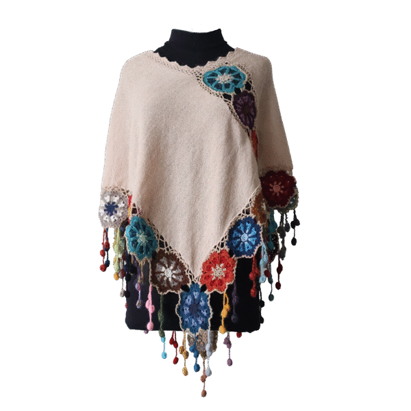 Women's poncho- cape, 100% alpaca color blue with crocheted matching flower edge. Made in Peru by PFL knitwear B2B wholesale