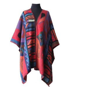 Alpaca Ruana Wrap with Colorful Intarsia Pattern. Made in Peru by PFL knitwear B2B wholesale