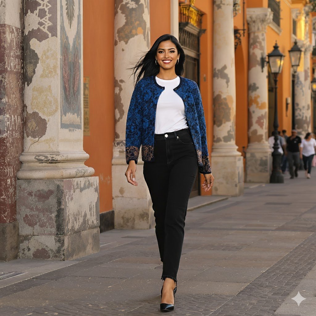 Women's baby alpaca cardigan with all over pattern, jacquard knitted. Made in Peru by PFL knitwear B2B