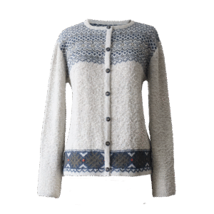 Women's baby alpaca cardigan withcrew neck, button closure, jacquard knitted. Made in Peru by PFL knitwear