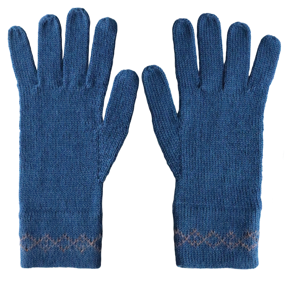 Unisex fingered alpaca winter gloves, with subtile pattern in the rib cuff. color midnight blue. Made in Peru by PFL knitwear