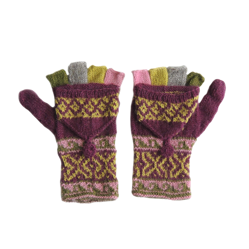 Women convertible mittens, hand knitted fingerless alpaca mittens. Made in Peru by PFL knitwear.