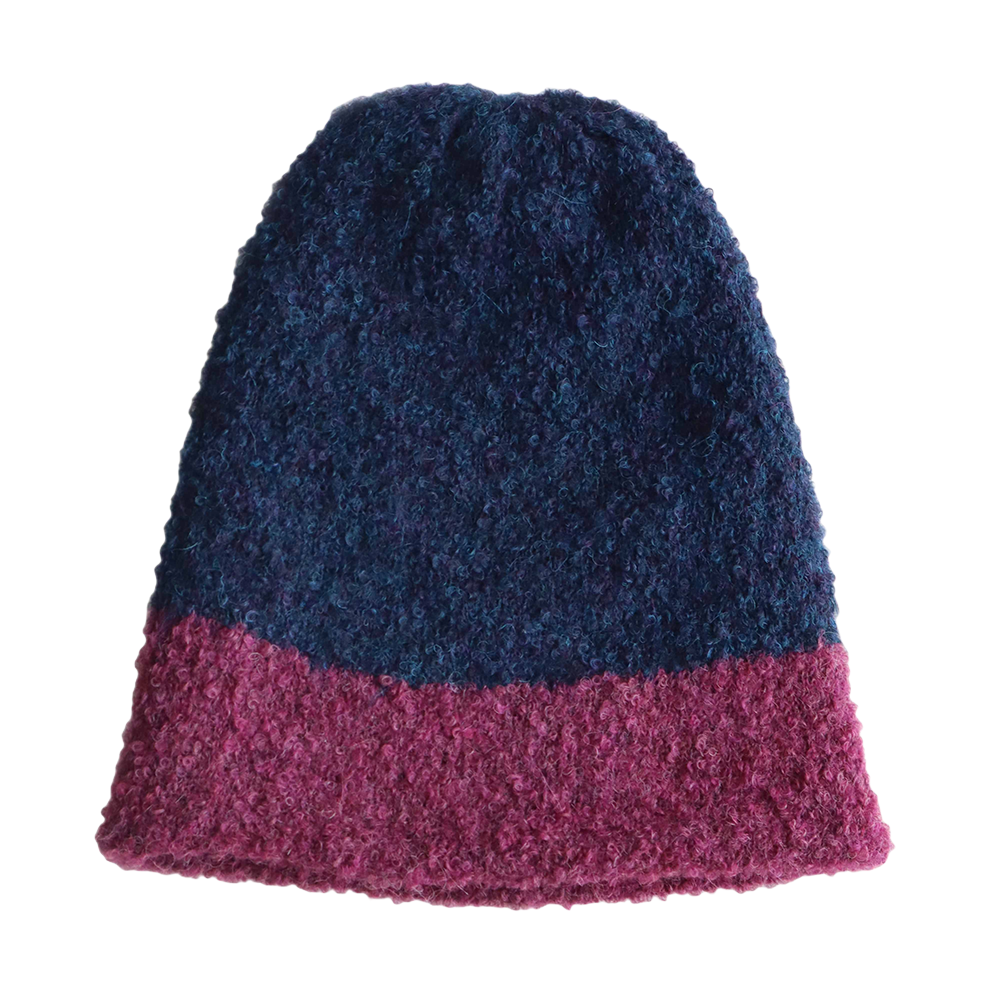 Women's alpaca beanie 2 color design, soft boucle hat, double knitted stretchable. Made in Peru by PFL knitwear