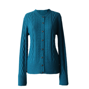 Baby alpaca cardigan with cable pattern, crew neck and button closure. made by PFL knitwear