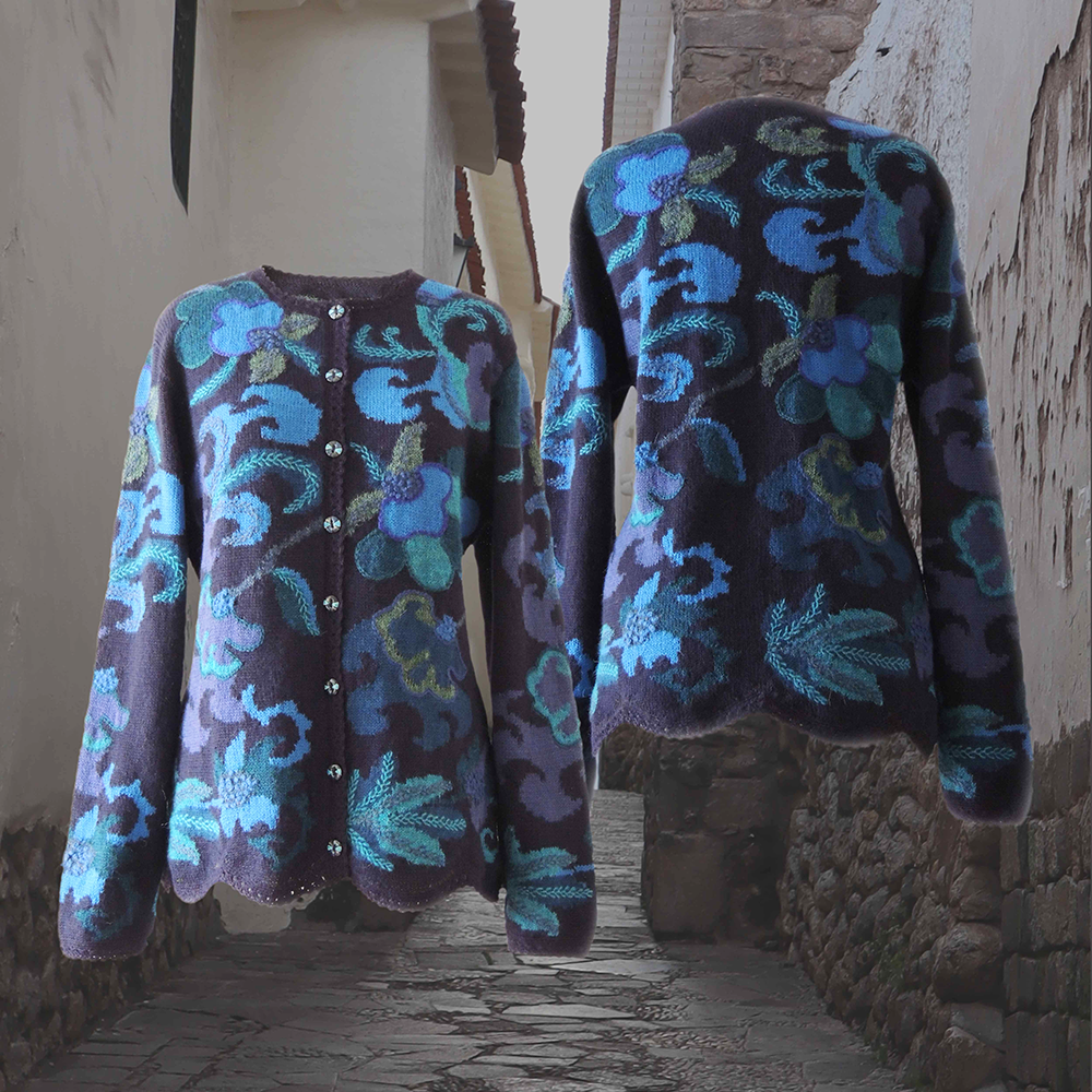 Women's alpaca cardigan Paracas, blue shades, Intarsia knitted with flower pattern. Women's alpaca cardigan Paracas, blue shades, Intarsia knitted with flower pattern.