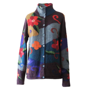 Women's alpaca cardigan Mirave, multi color, Intarsia knitted with flower pattern.