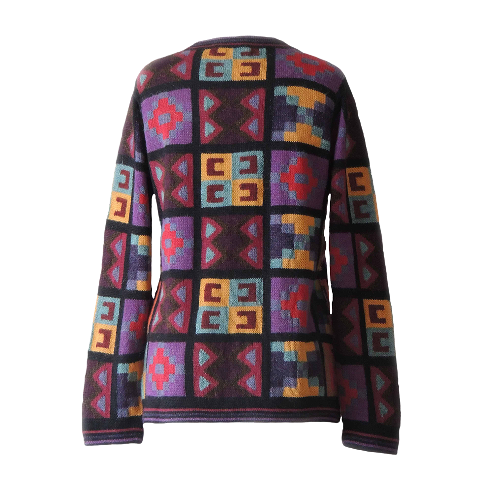 Women's alpaca cardigan model Pisac multicolor Intarsia knitted with geometric pattern. made in Peru by PFL knitwear Women's alpaca cardigan model Pisac multicolor Intarsia knitted with geometric pattern. made in Peru by PFL knitwear