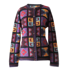 Women's alpaca cardigan model Pisac multicolor Intarsia knitted with geometric pattern. made in Peru by PFL knitwear